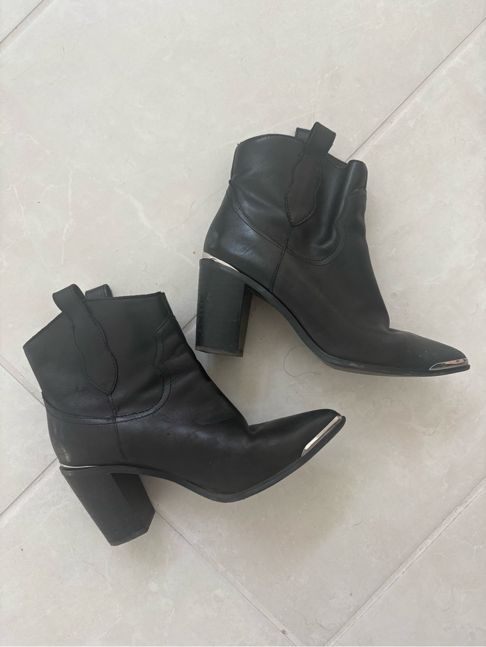 Steve Madden Black Leather Ankle Boots with Silver Toe Caps